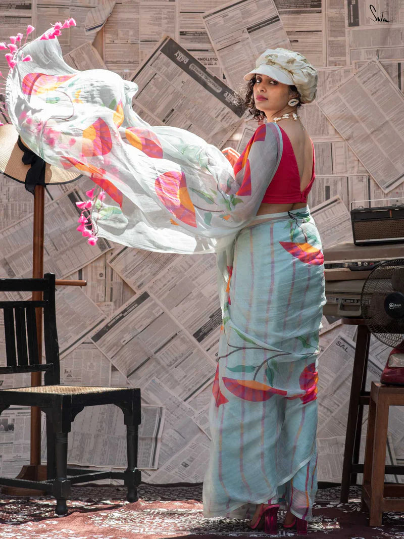 Royal Bloom Tussle Elegant Linen Cotton Digital Printed Saree with Matching Printed Blouse