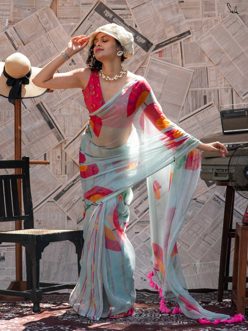 Royal Bloom Tussle Elegant Linen Cotton Digital Printed Saree with Matching Printed Blouse