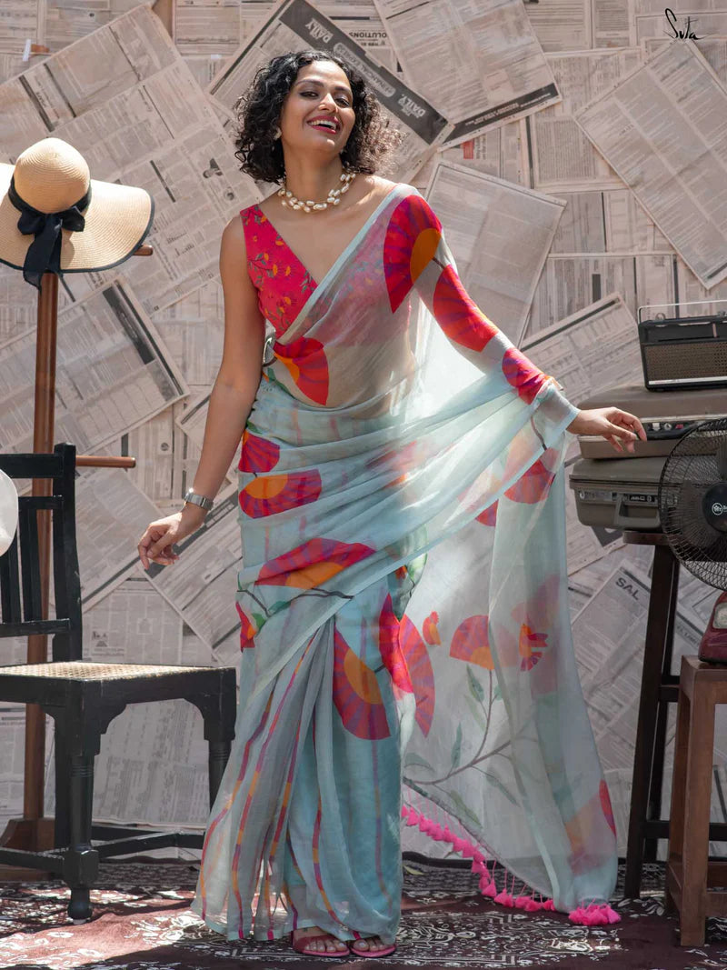 Royal Bloom Tussle Elegant Linen Cotton Digital Printed Saree with Matching Printed Blouse