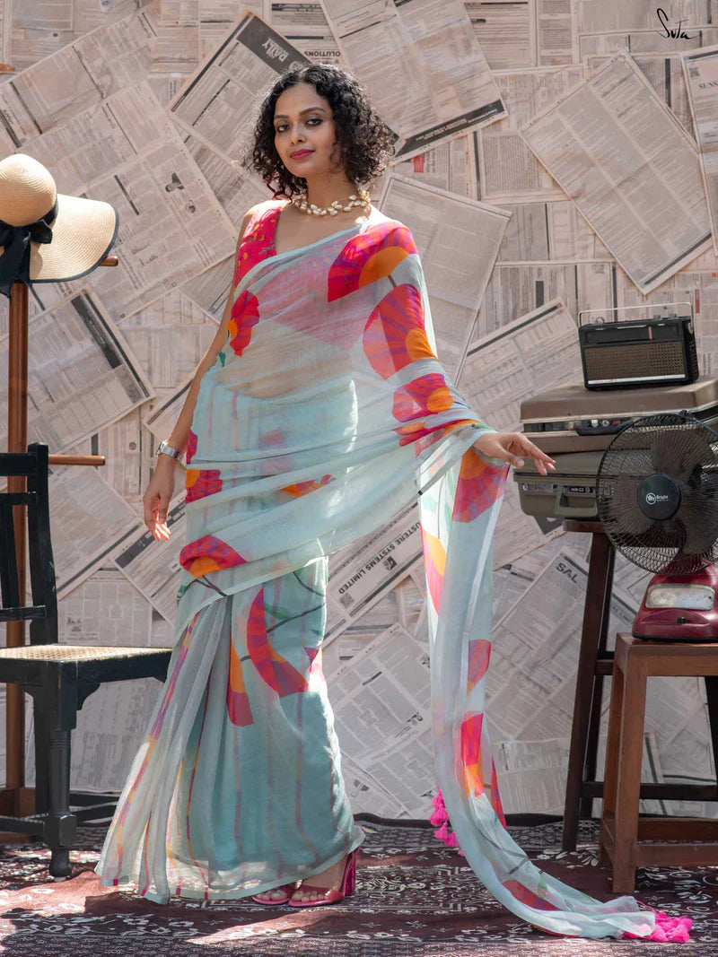 Royal Bloom Tussle Elegant Linen Cotton Digital Printed Saree with Matching Printed Blouse