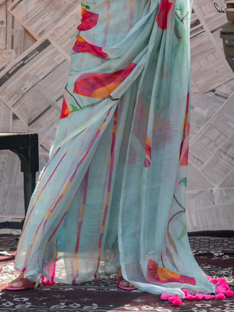 Royal Bloom Tussle Elegant Linen Cotton Digital Printed Saree with Matching Printed Blouse