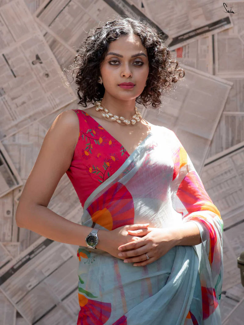 Royal Bloom Tussle Elegant Linen Cotton Digital Printed Saree with Matching Printed Blouse