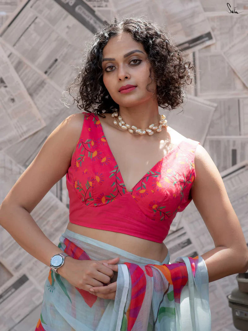 Royal Bloom Tussle Elegant Linen Cotton Digital Printed Saree with Matching Printed Blouse