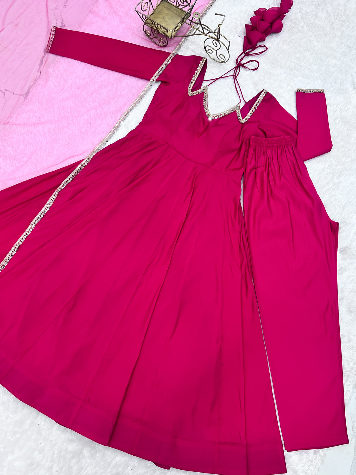 RomanSilk Chanderi Flared Anarkali Gown with Mirror Lace Dupatta & Pant Set