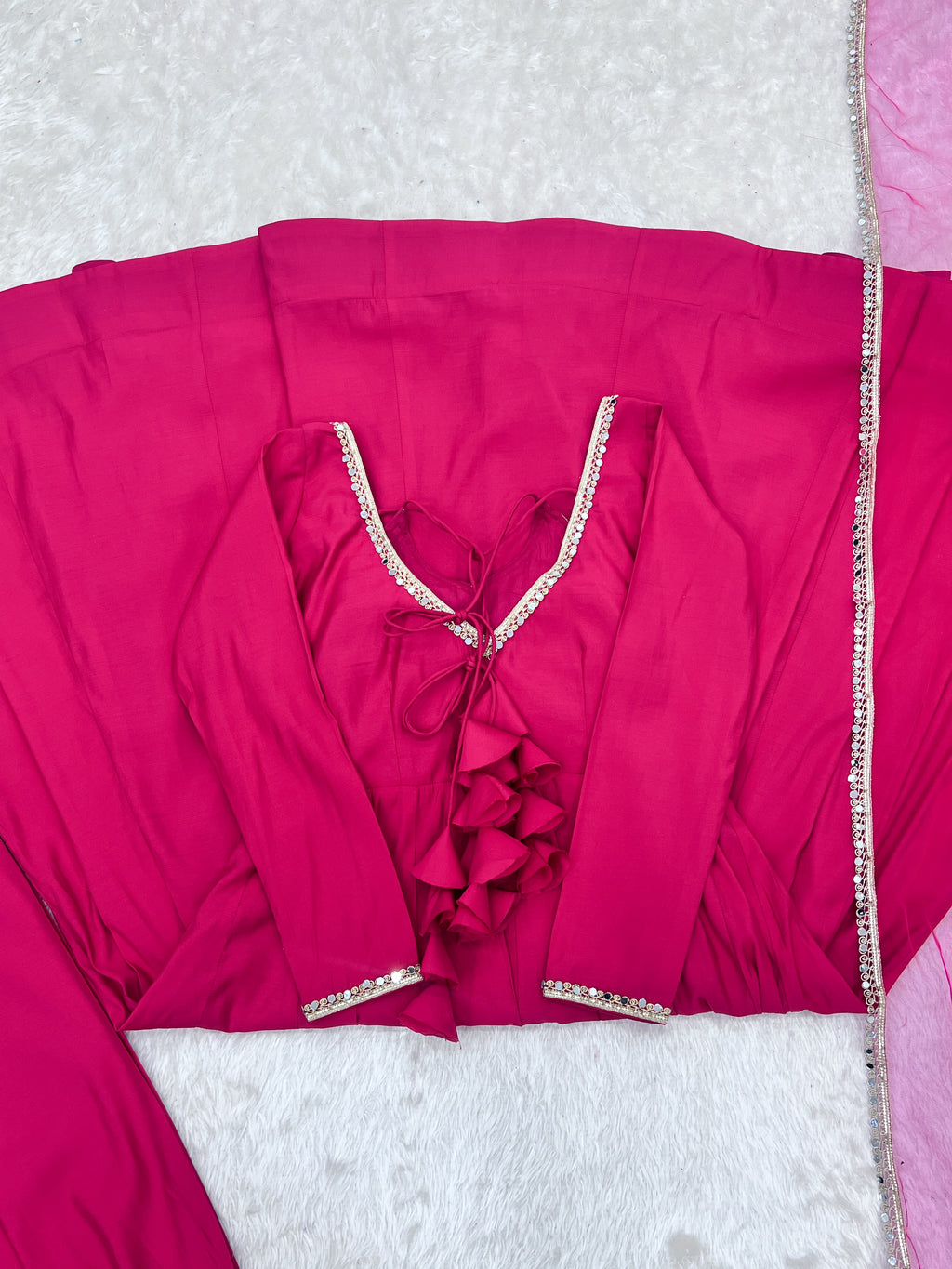 RomanSilk Chanderi Flared Anarkali Gown with Mirror Lace Dupatta & Pant Set
