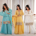 Premium Crunchy Silk Embroidered Sharara Set with Multicolor Lace Dupatta