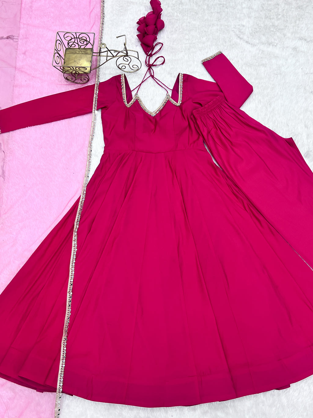 RomanSilk Chanderi Flared Anarkali Gown with Mirror Lace Dupatta & Pant Set