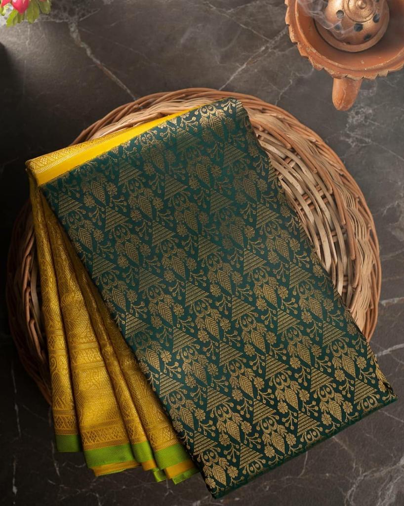 Peacock Green Banarasi Silk Saree with Mustard Yellow Zari Pallu