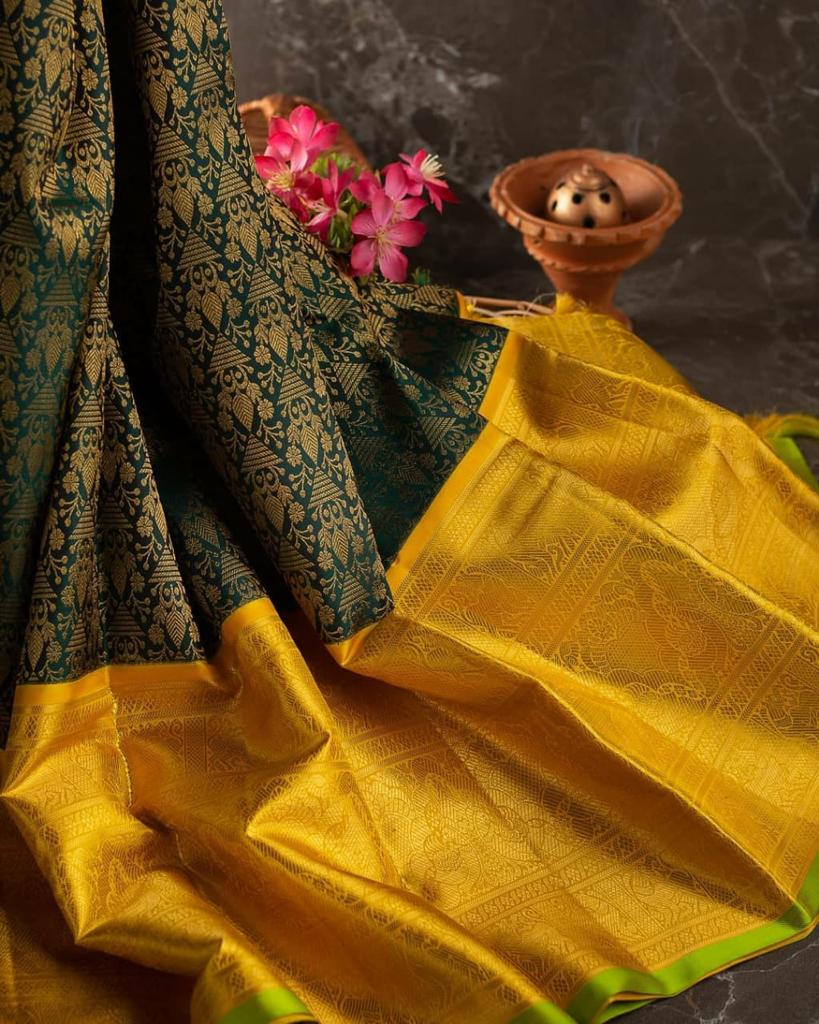 Peacock Green Banarasi Silk Saree with Mustard Yellow Zari Pallu