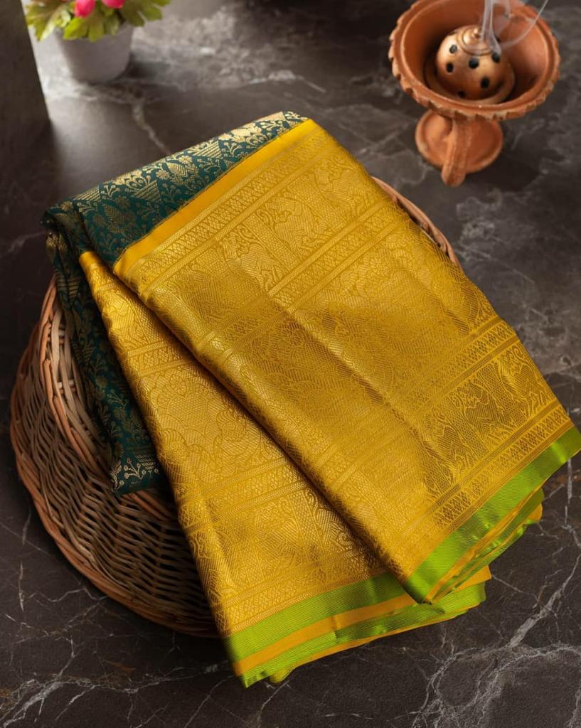 Peacock Green Banarasi Silk Saree with Mustard Yellow Zari Pallu