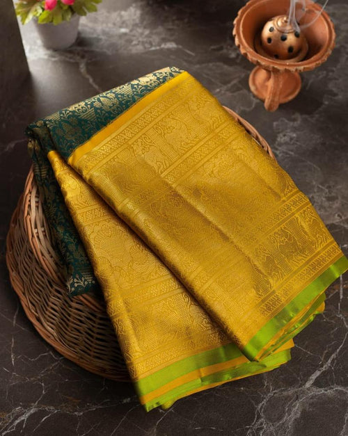 Peacock Green Banarasi Silk Saree with Mustard Yellow Zari Pallu