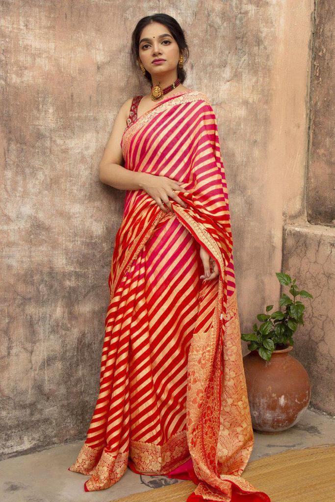 Red & Gold Striped Banarasi Silk Saree with Rich Zari Border