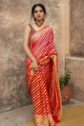 Red & Gold Striped Banarasi Silk Saree with Rich Zari Border