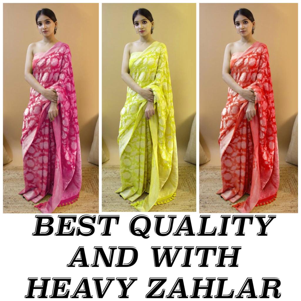 Lichi Silk Saree with Rich Pallu, Jacquard Work & Heavy Zahlar