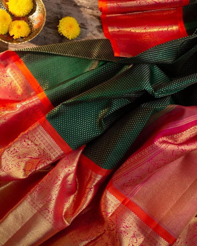 Dark Green Banarasi Woven Silk Saree with Red Zari Border