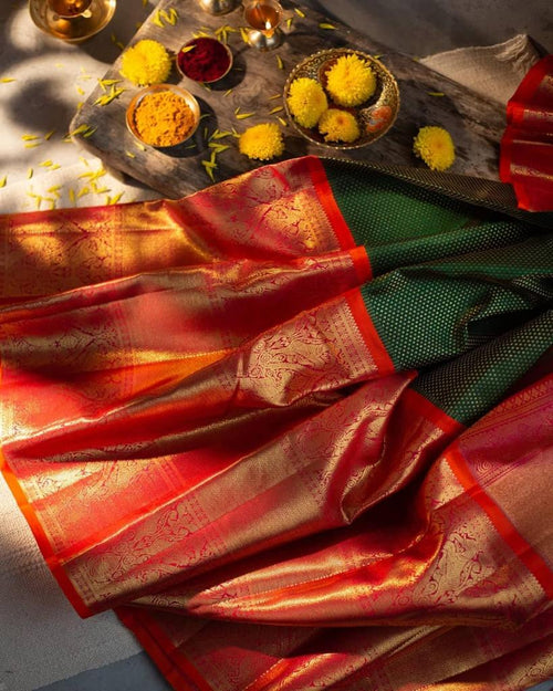 Dark Green Banarasi Woven Silk Saree with Red Zari Border