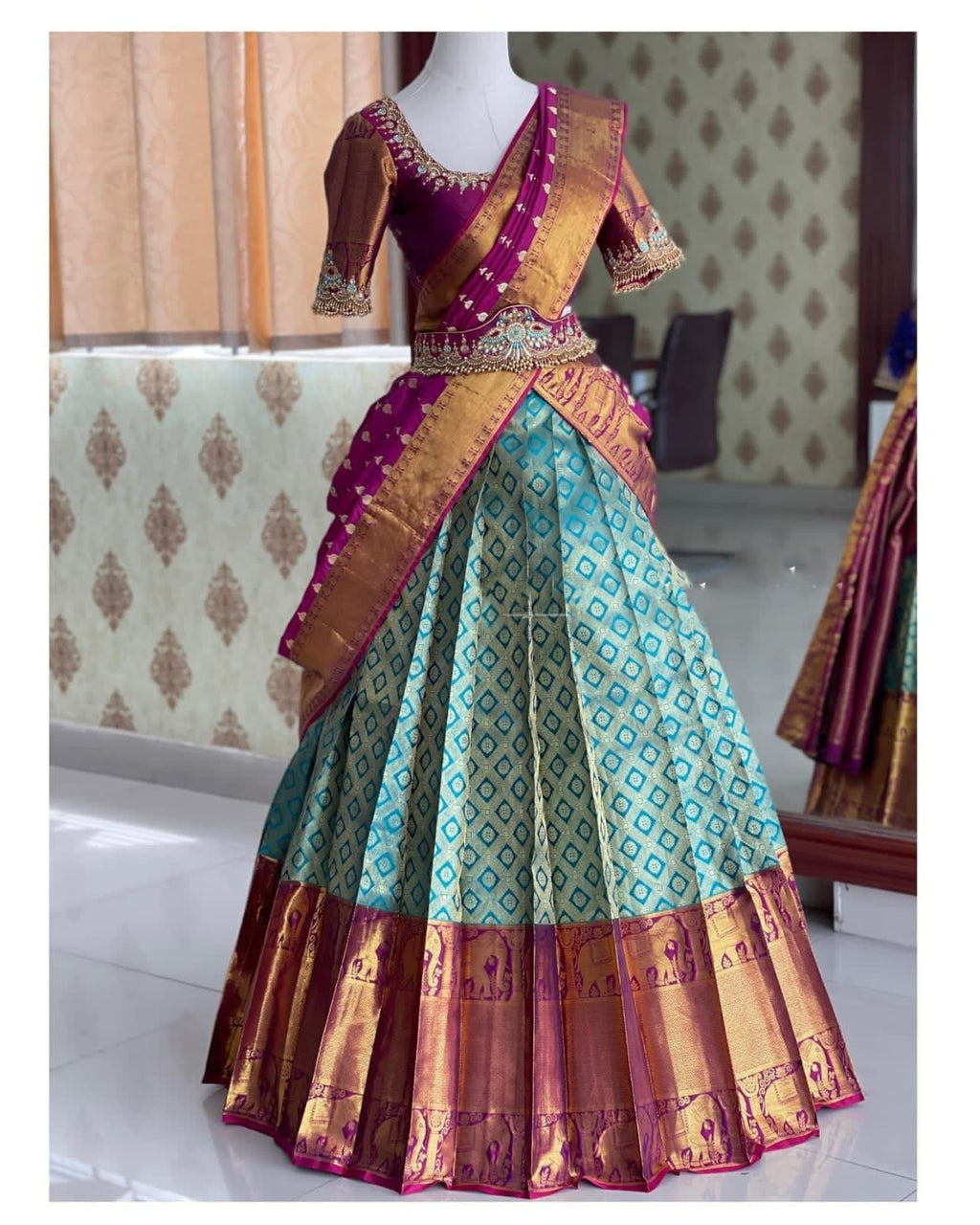 Kanjivaram Silk Zari Half Saree with Banarasi Silk Dupatta & Blouse