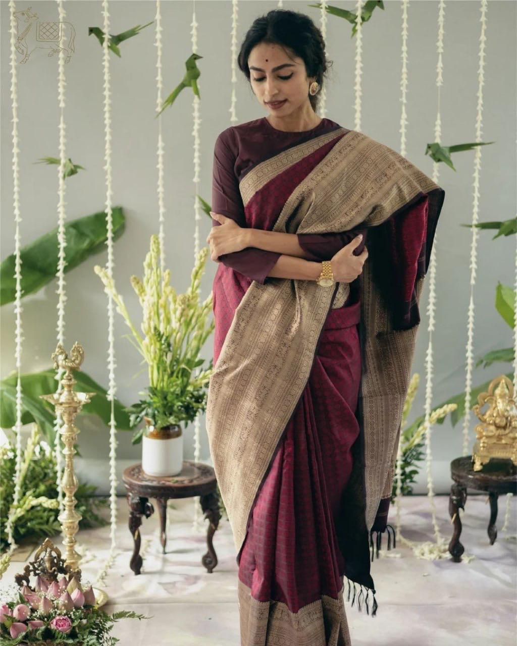 Lichi Silk Saree with Rich Pallu, All-Over Jacquard Detailing & Exclusive Border Blouse