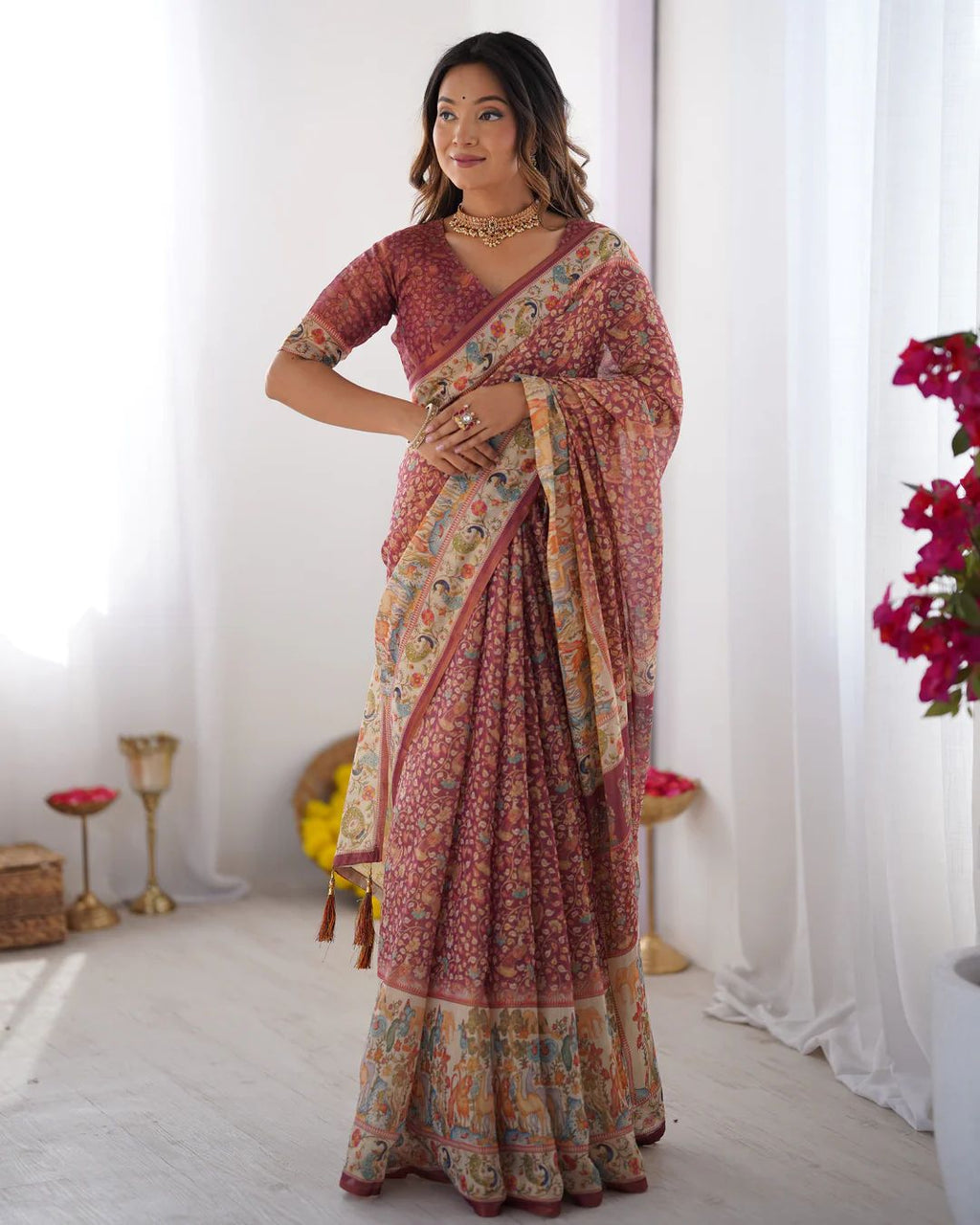 Full Body Floral Rich Pallu Linen Cotton Saree with Zahlar Tussle