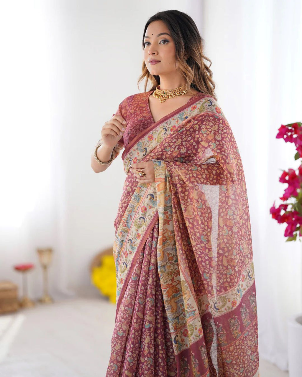 Full Body Floral Rich Pallu Linen Cotton Saree with Zahlar Tussle