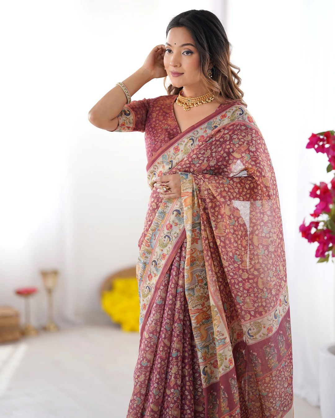 Full Body Floral Rich Pallu Linen Cotton Saree with Zahlar Tussle