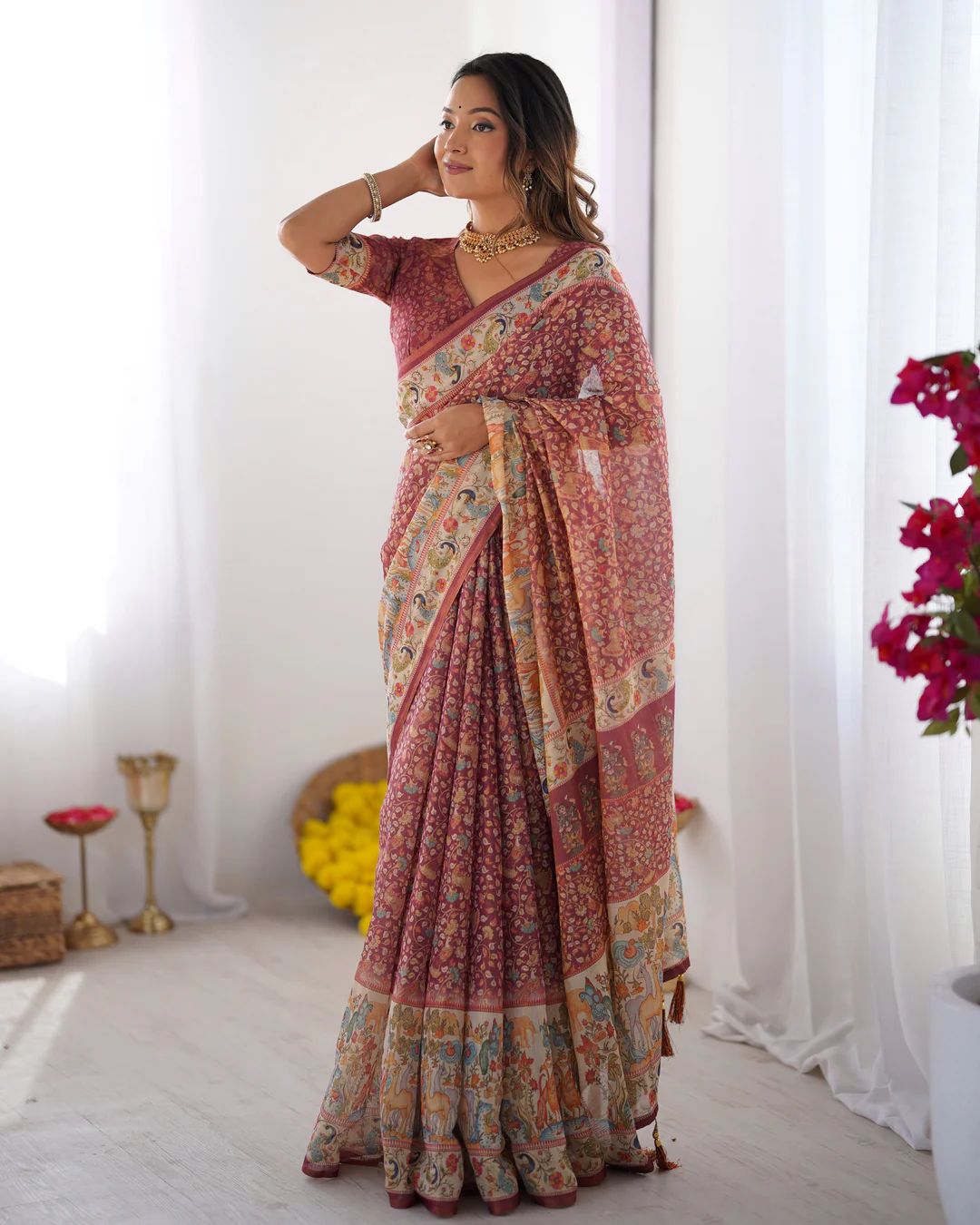 Full Body Floral Rich Pallu Linen Cotton Saree with Zahlar Tussle