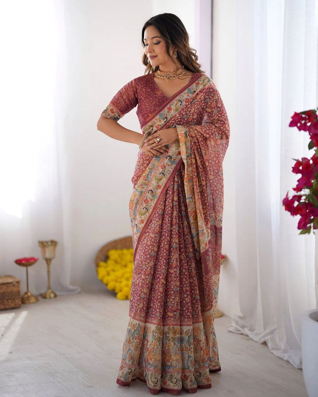 Full Body Floral Rich Pallu Linen Cotton Saree with Zahlar Tussle