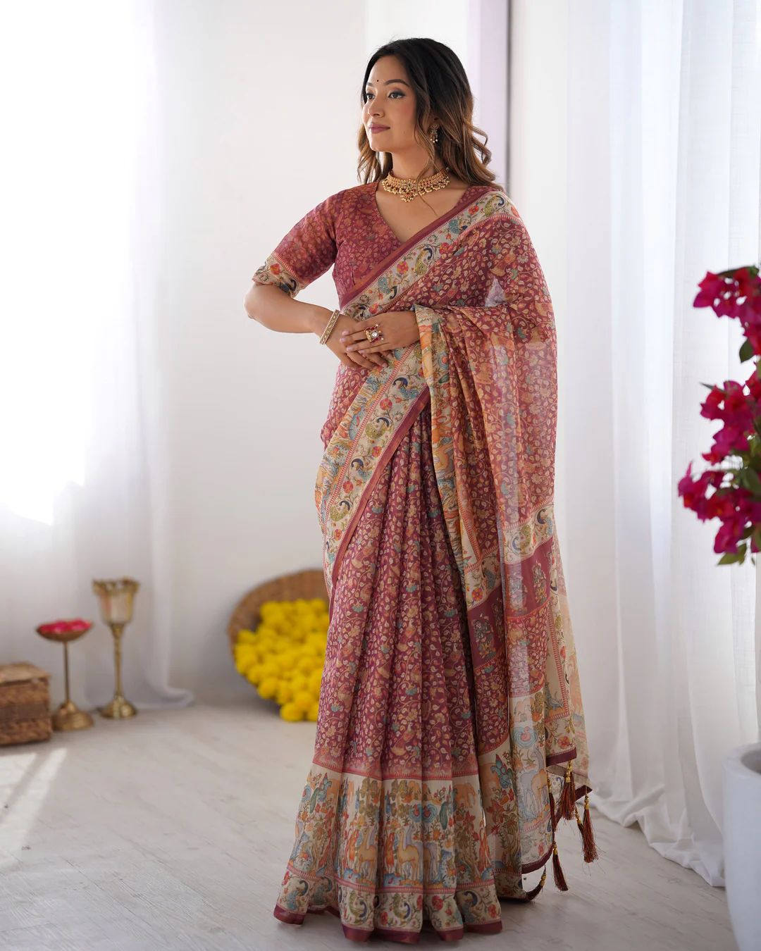 Full Body Floral Rich Pallu Linen Cotton Saree with Zahlar Tussle