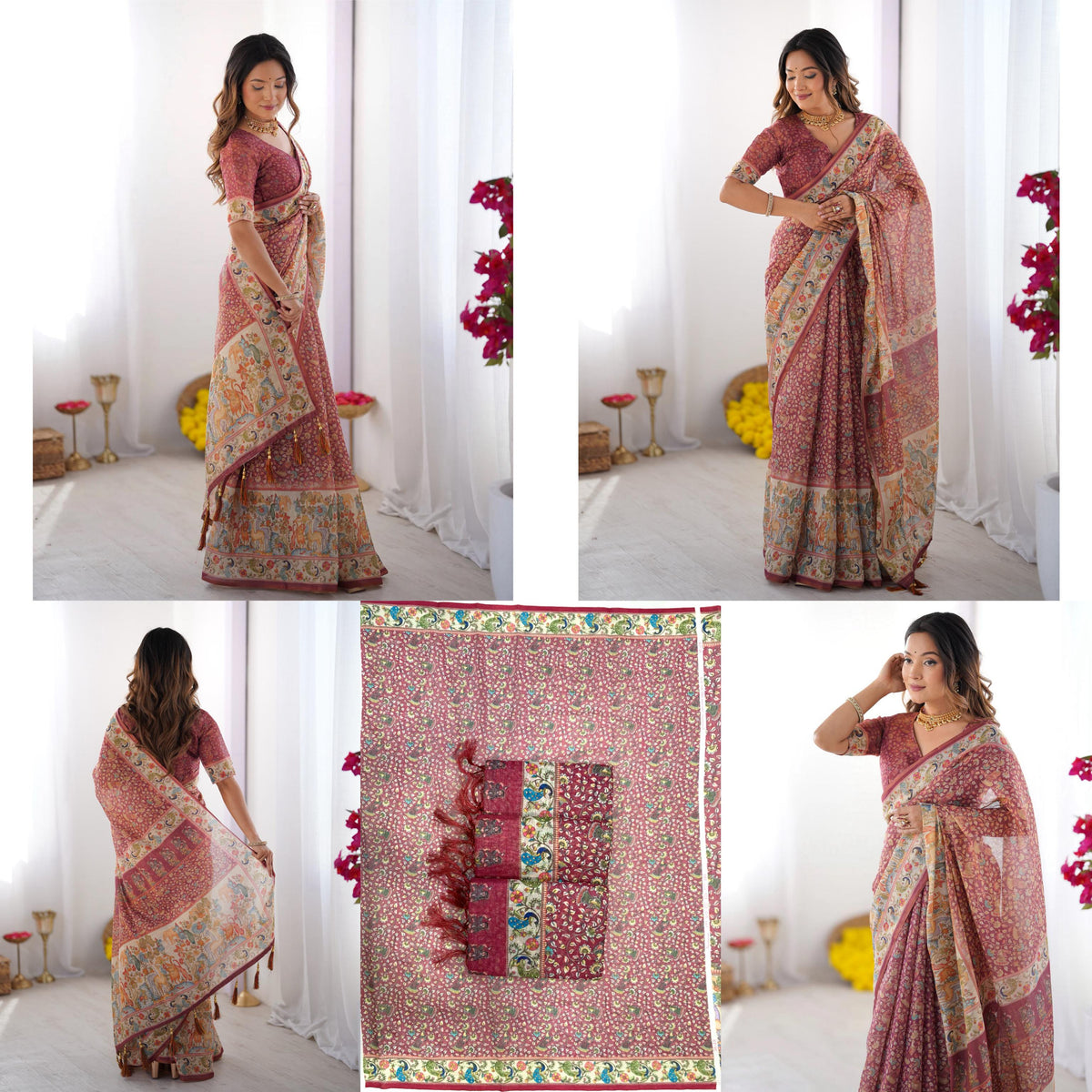 Full Body Floral Rich Pallu Linen Cotton Saree with Zahlar Tussle