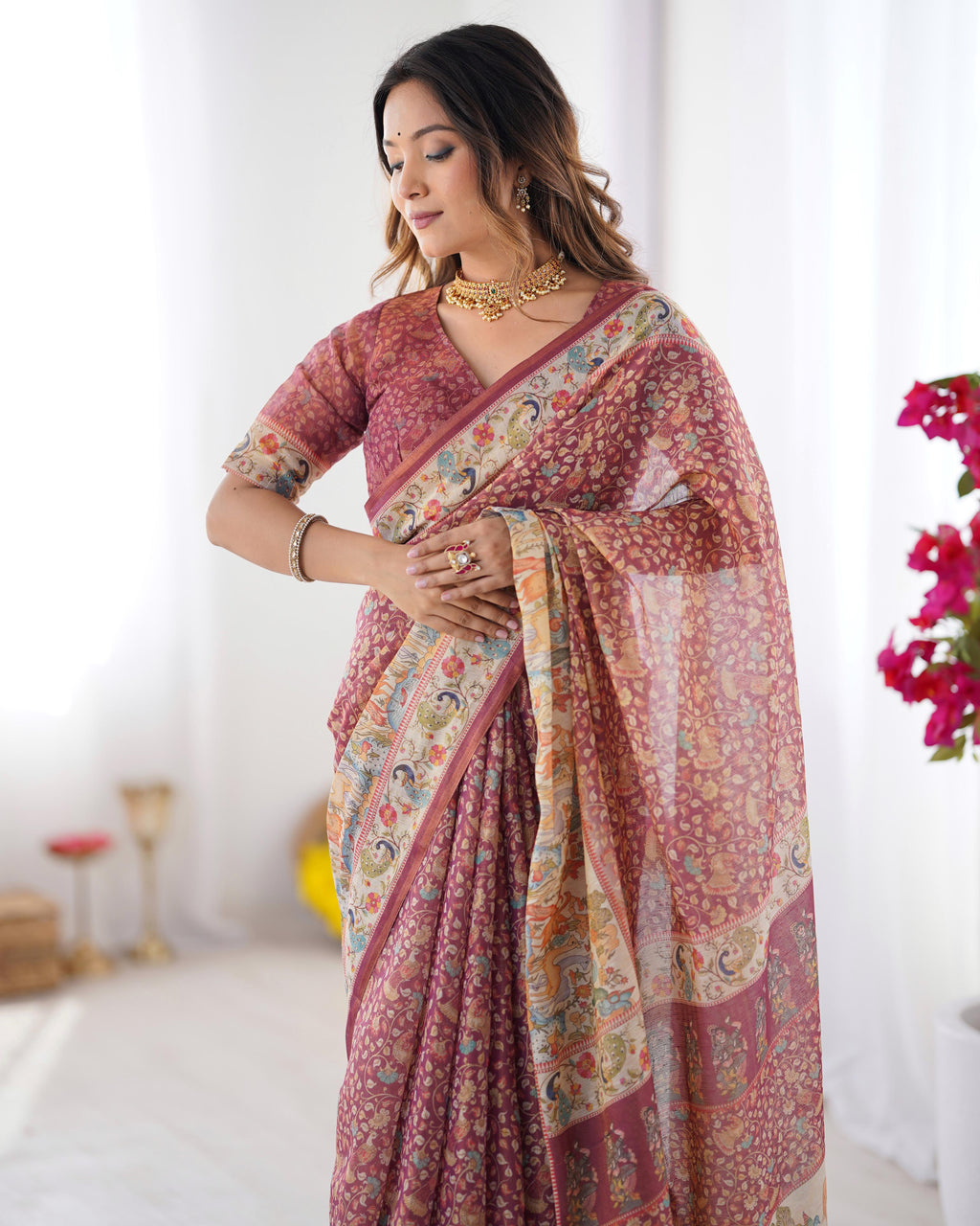 Full Body Floral Rich Pallu Linen Cotton Saree with Zahlar Tussle