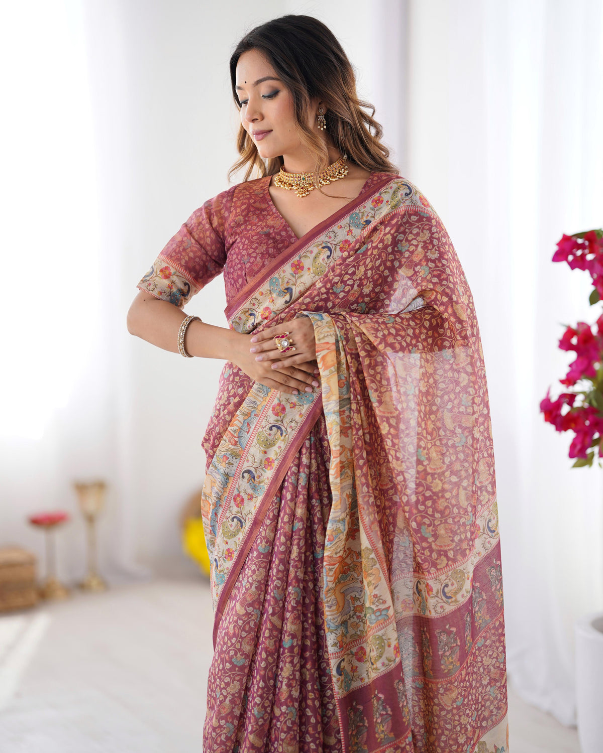 Full Body Floral Rich Pallu Linen Cotton Saree with Zahlar Tussle