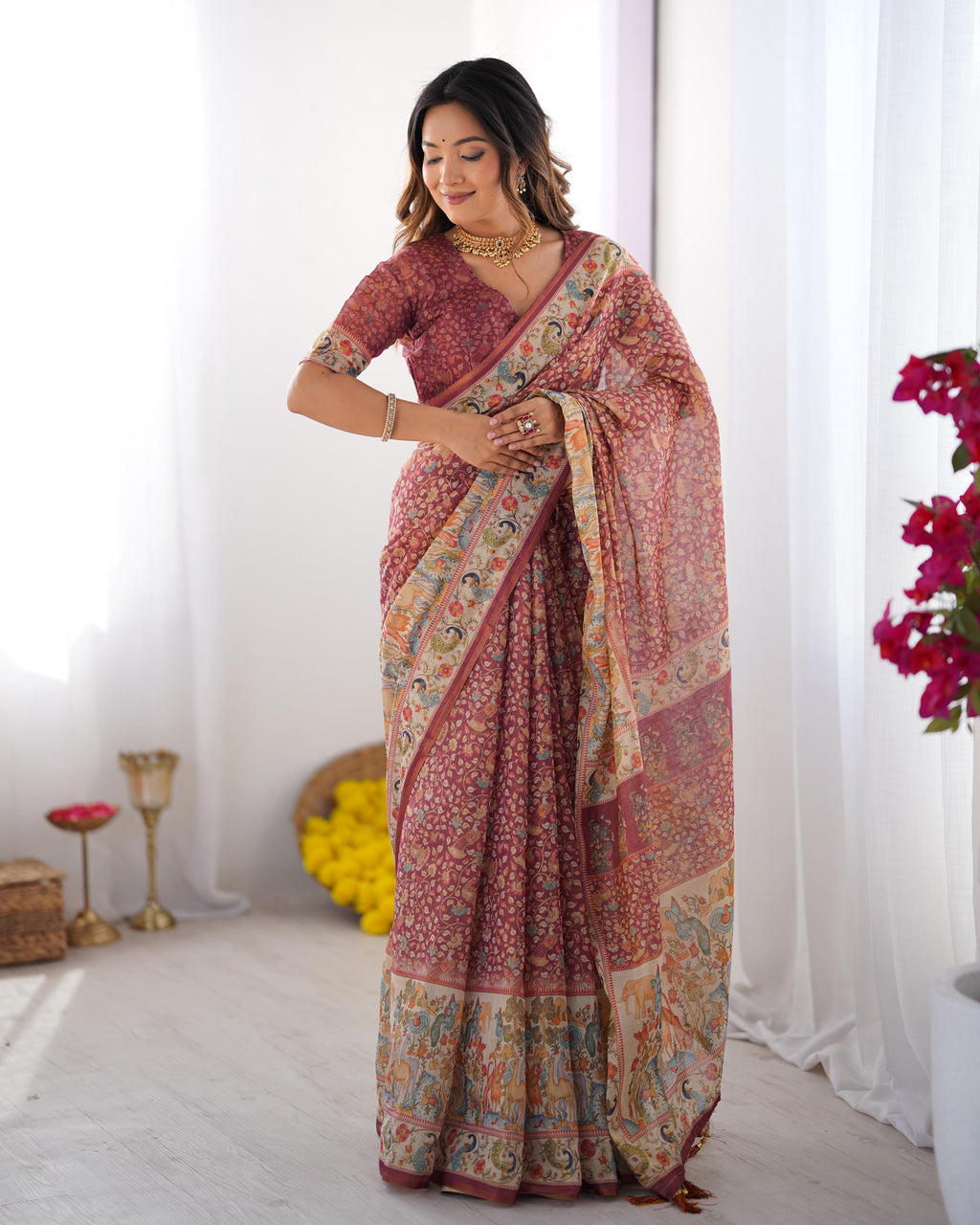 Full Body Floral Rich Pallu Linen Cotton Saree with Zahlar Tussle
