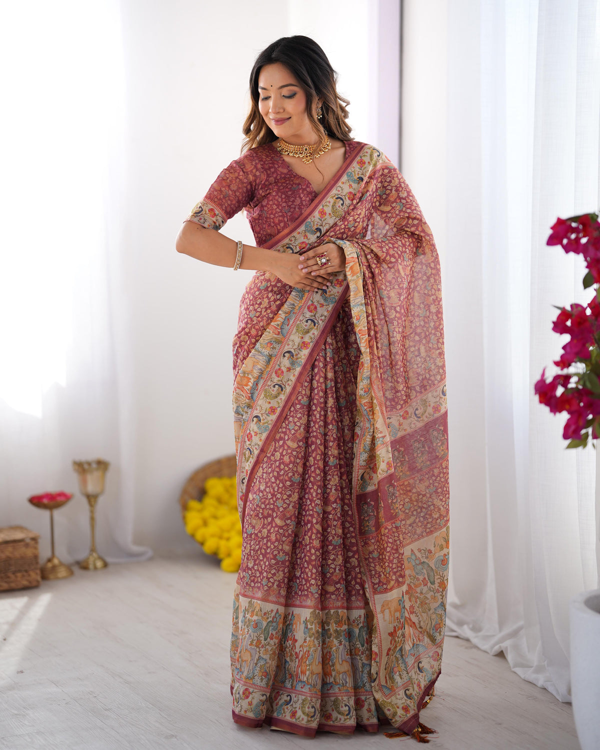 Full Body Floral Rich Pallu Linen Cotton Saree with Zahlar Tussle