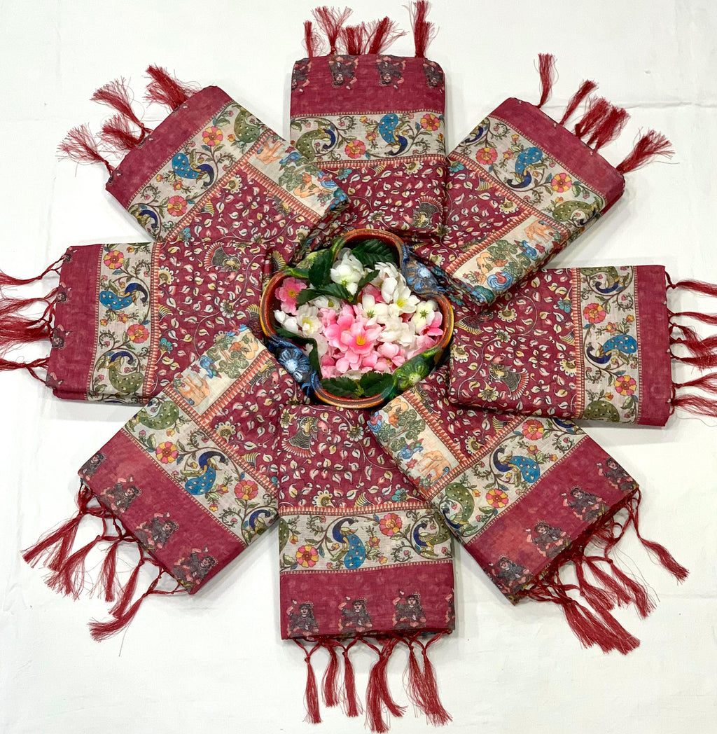 Full Body Floral Rich Pallu Linen Cotton Saree with Zahlar Tussle