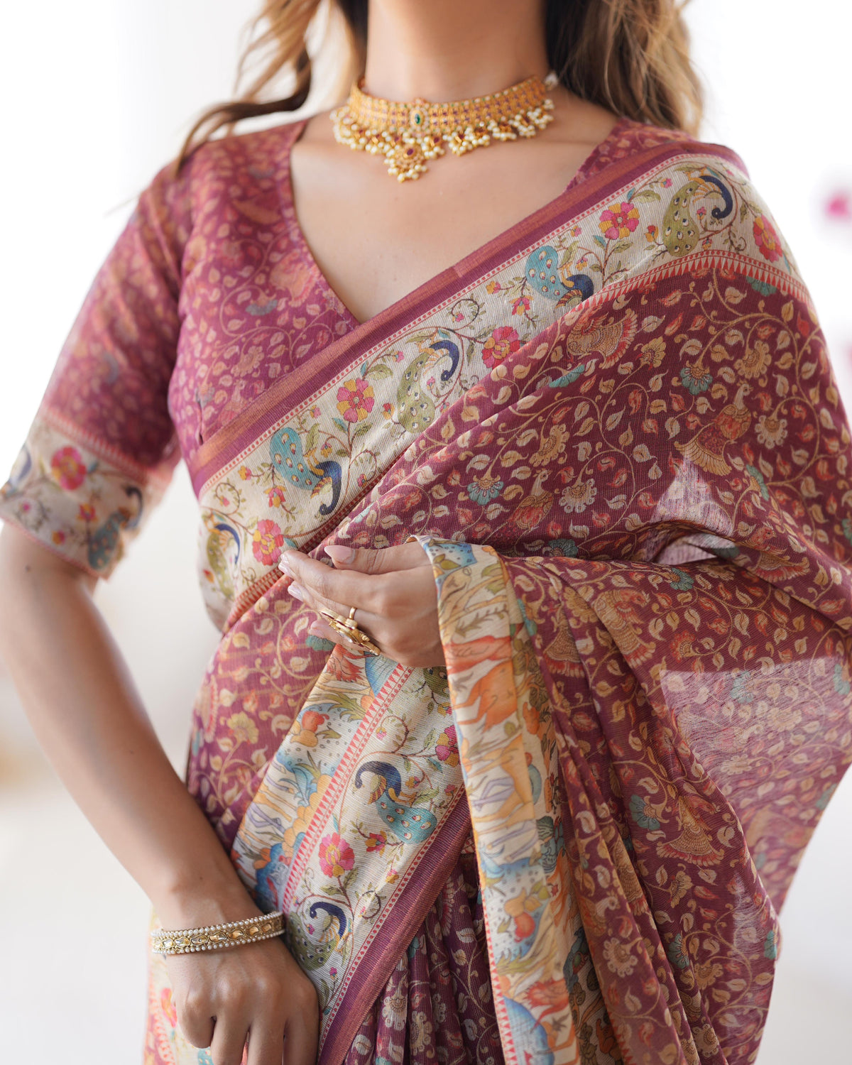 Full Body Floral Rich Pallu Linen Cotton Saree with Zahlar Tussle