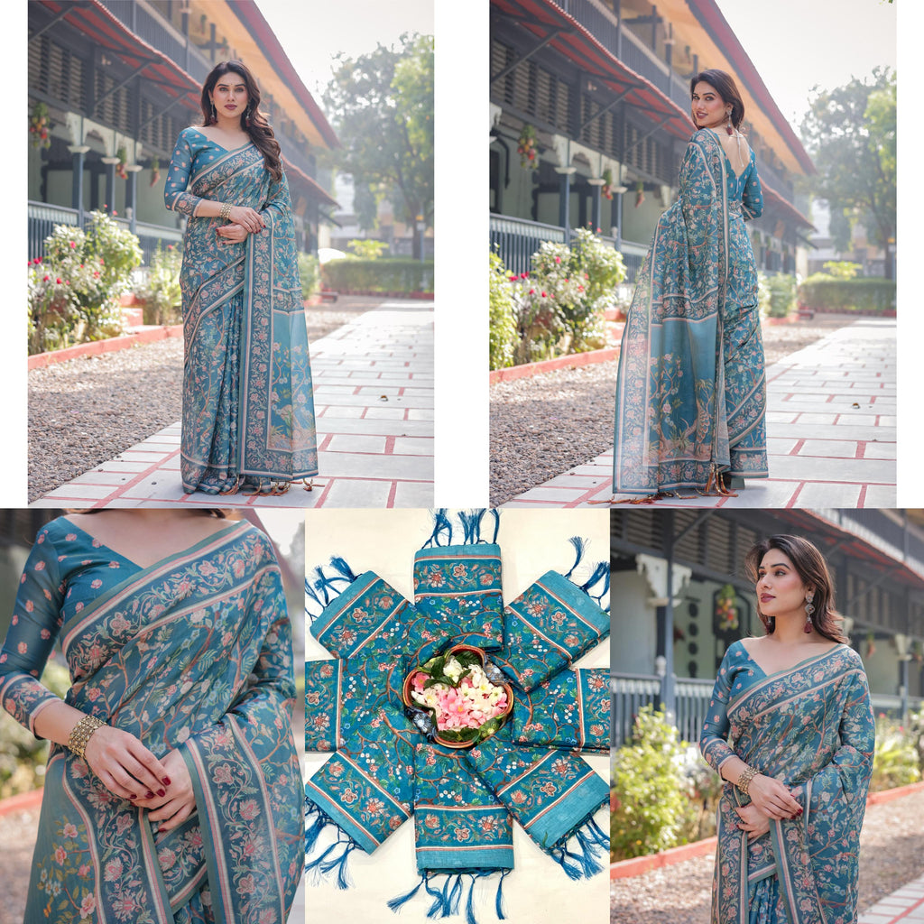 Floral Rich Pallu Linen Cotton Saree with Zahlar Tussle