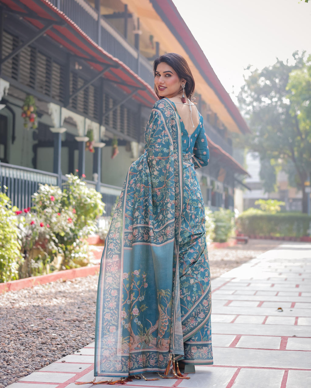 Floral Rich Pallu Linen Cotton Saree with Zahlar Tussle