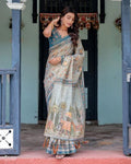 Floral & Animal Rich Pallu Linen Cotton Saree with Zahlar Tussle