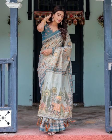 Floral & Animal Rich Pallu Linen Cotton Saree with Zahlar Tussle