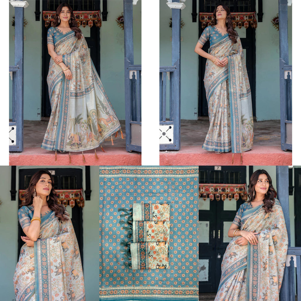 Floral & Animal Rich Pallu Linen Cotton Saree with Zahlar Tussle