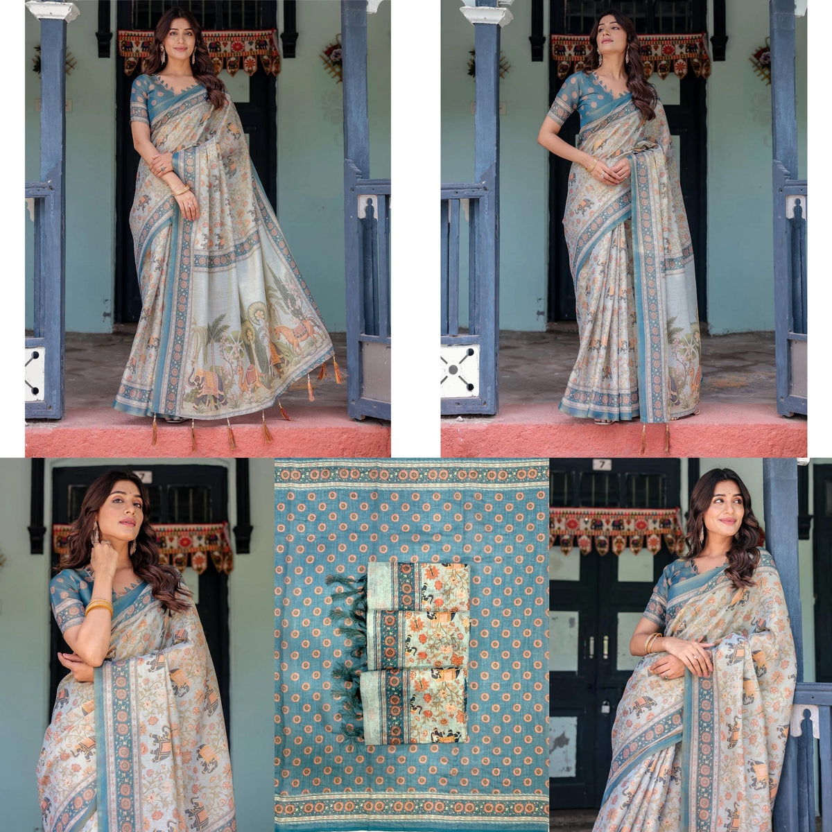 Floral & Animal Rich Pallu Linen Cotton Saree with Zahlar Tussle