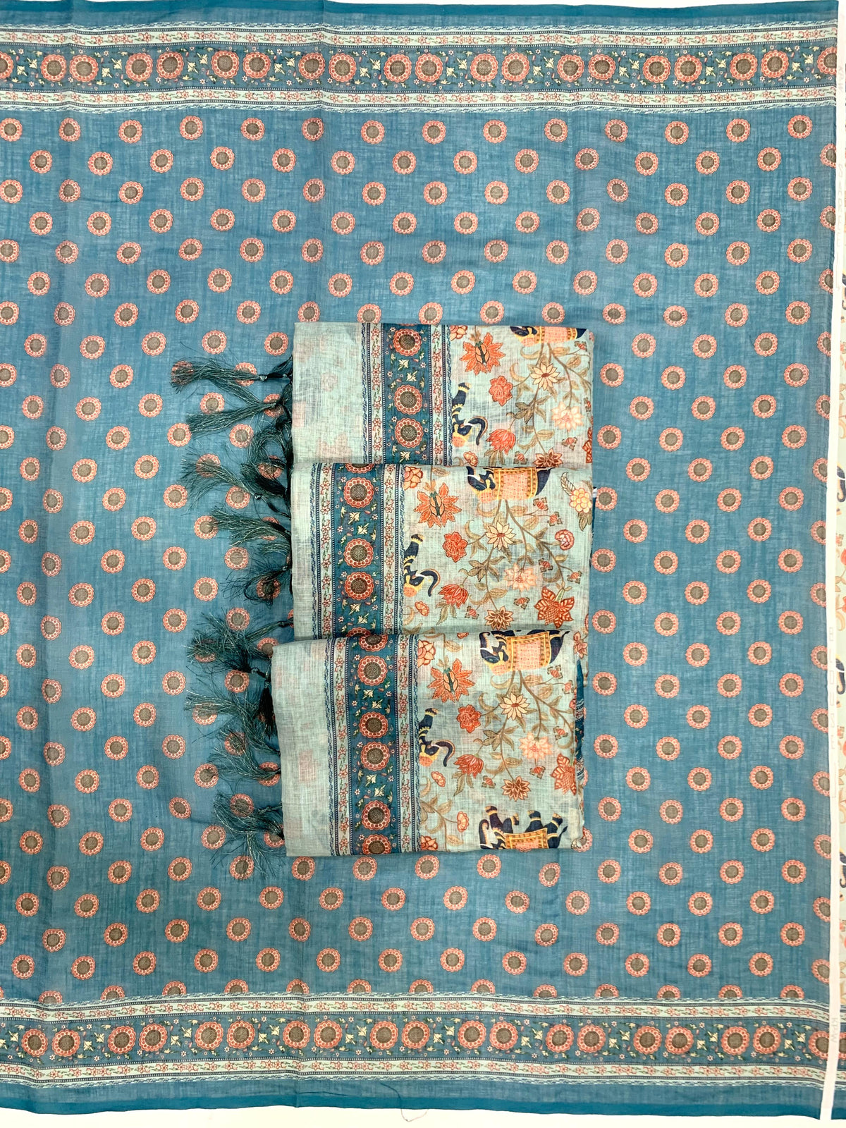 Floral & Animal Rich Pallu Linen Cotton Saree with Zahlar Tussle