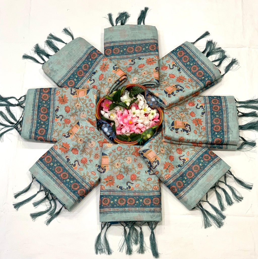 Floral & Animal Rich Pallu Linen Cotton Saree with Zahlar Tussle