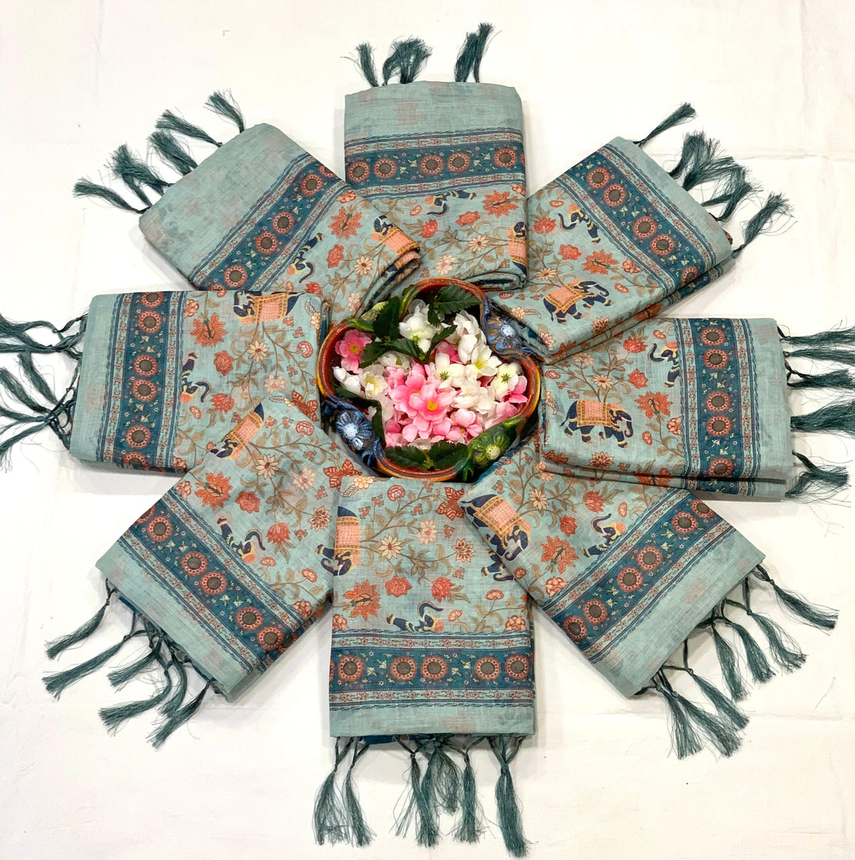 Floral & Animal Rich Pallu Linen Cotton Saree with Zahlar Tussle