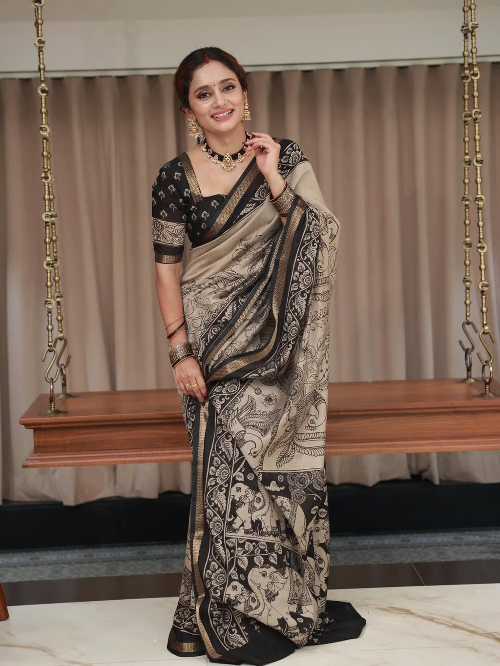 Elephant & Duck Linen Cotton Digital Printed Saree