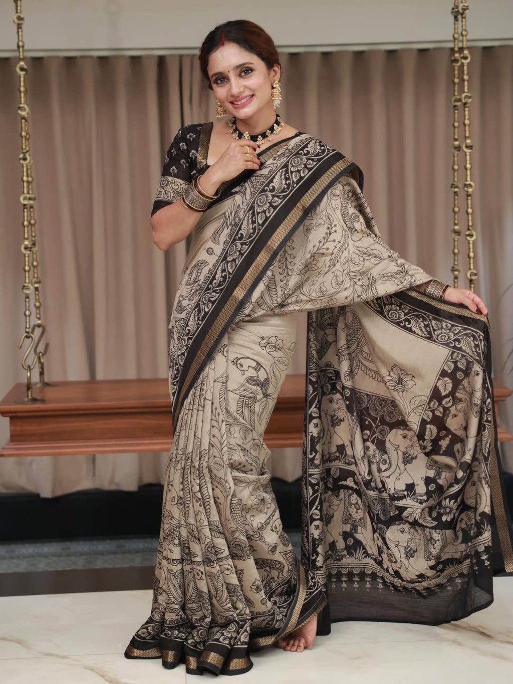 Elephant & Duck Linen Cotton Digital Printed Saree