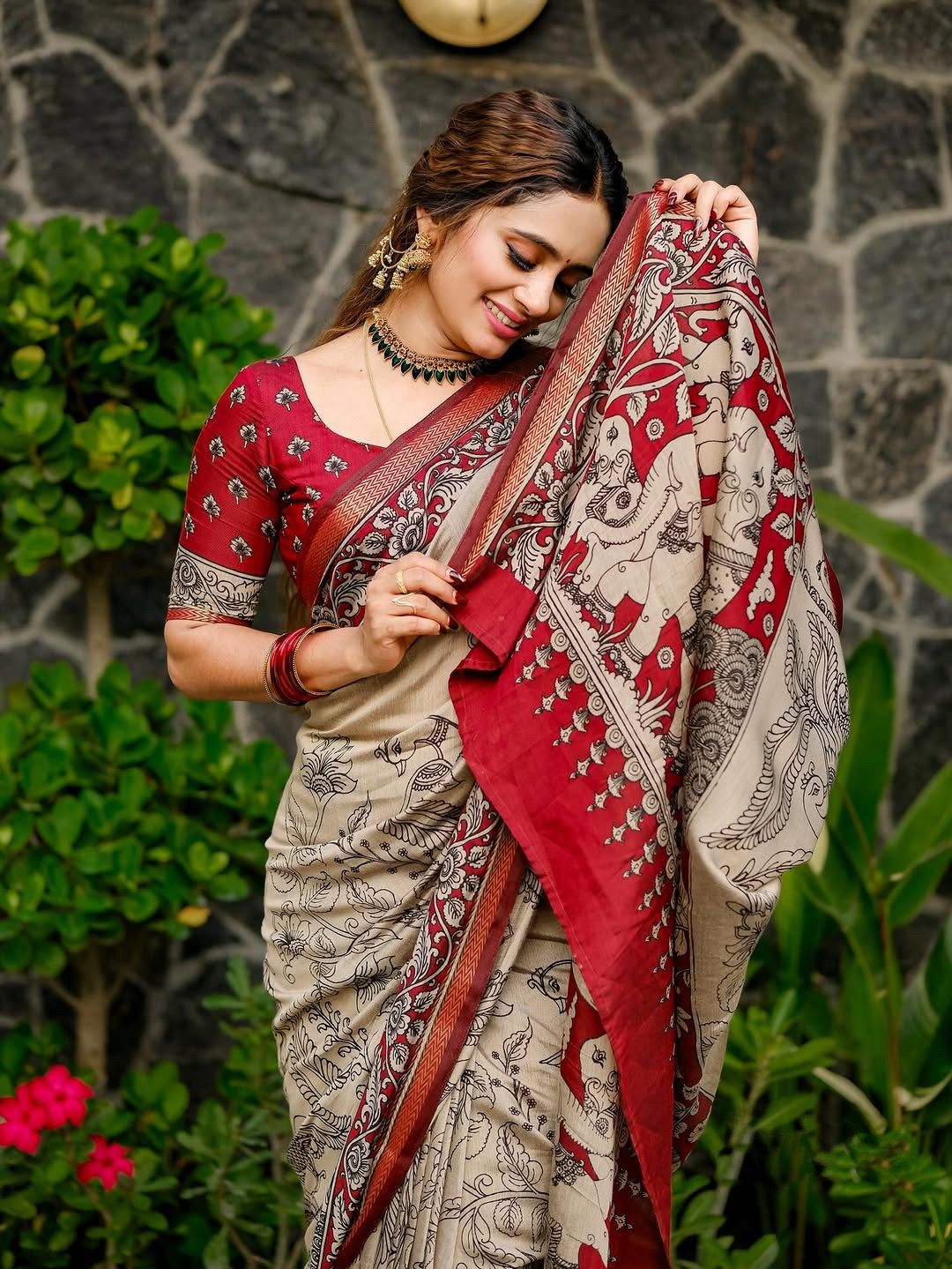 Elephant & Duck Linen Cotton Digital Printed Saree