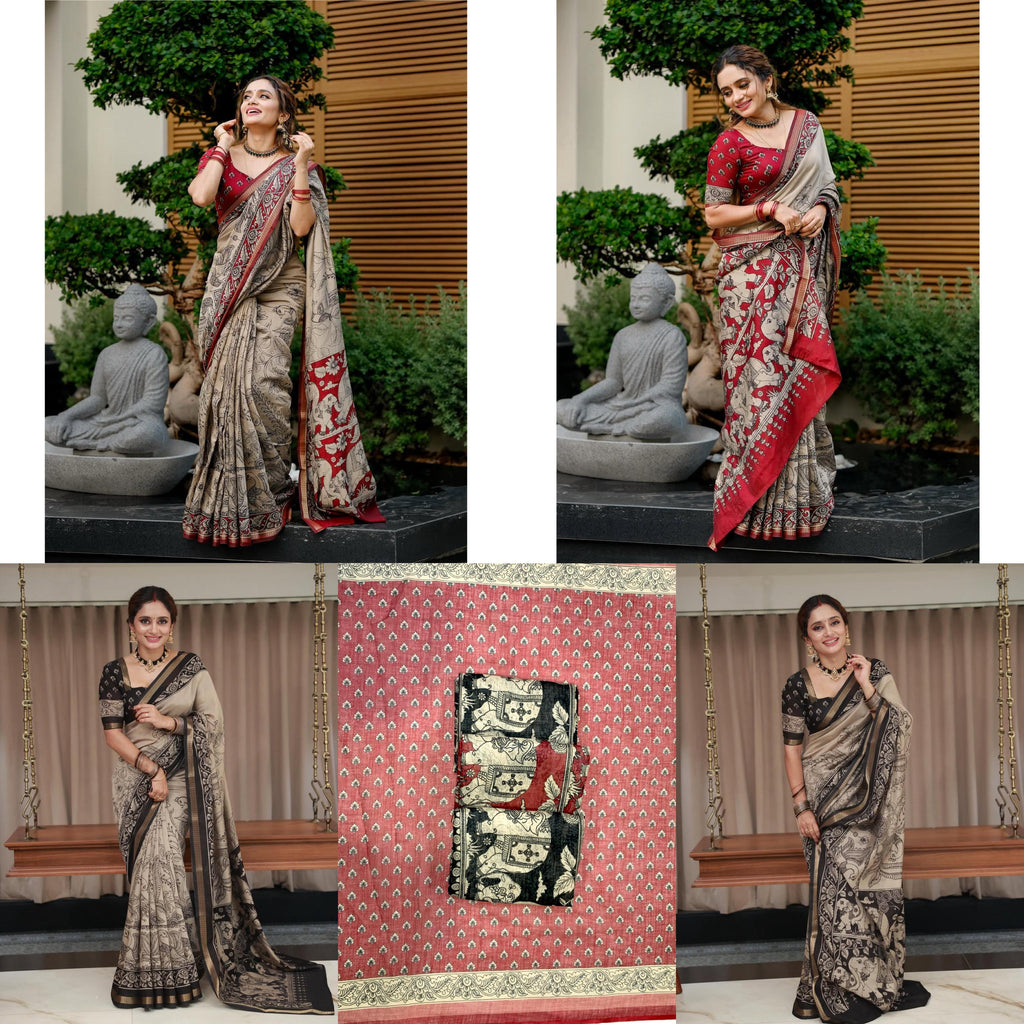 Elephant & Duck Linen Cotton Digital Printed Saree