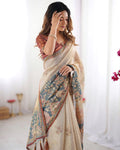 Floral & Animal Print Linen Cotton Saree with Zahlar Tussle