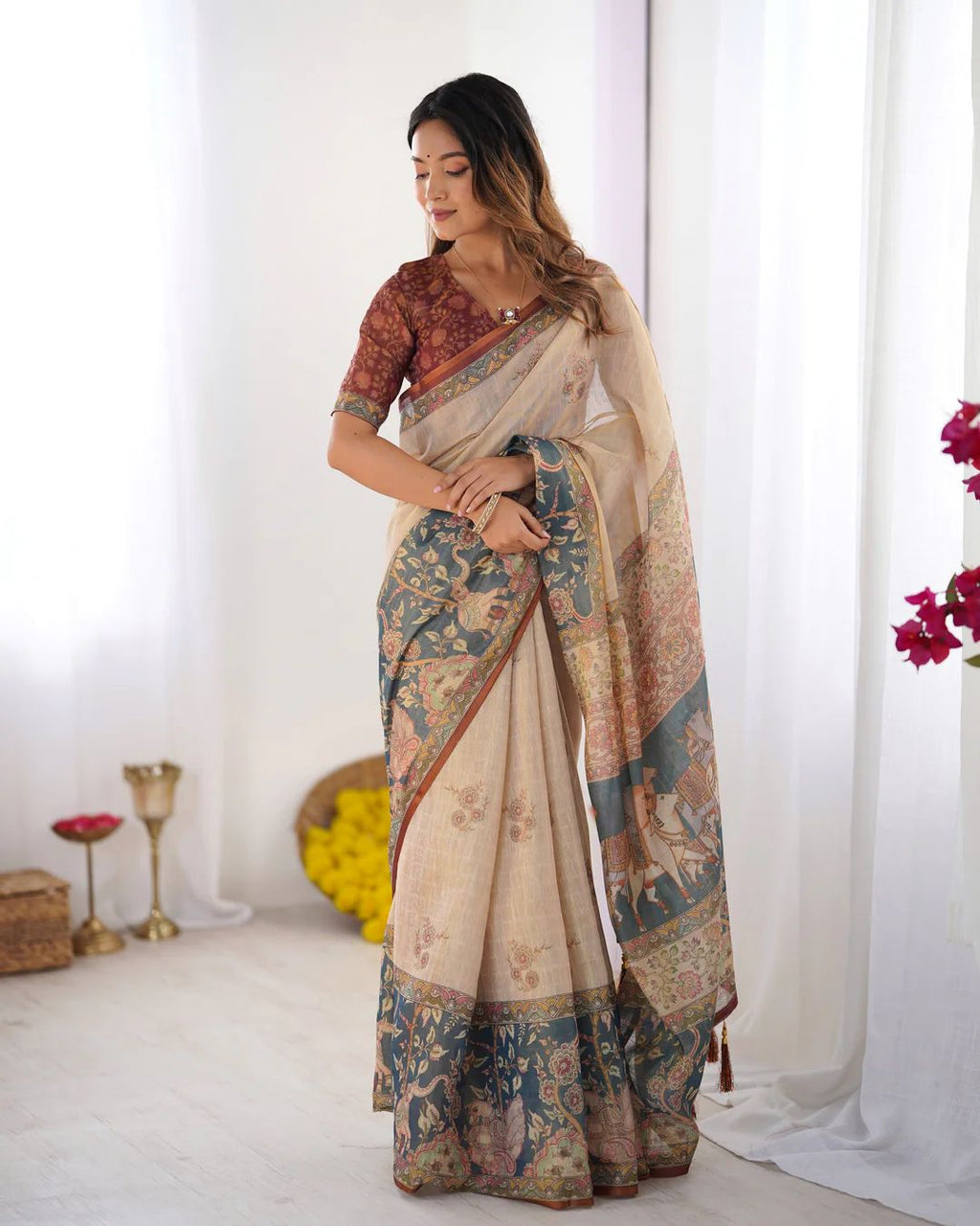 Floral & Animal Print Linen Cotton Saree with Zahlar Tussle